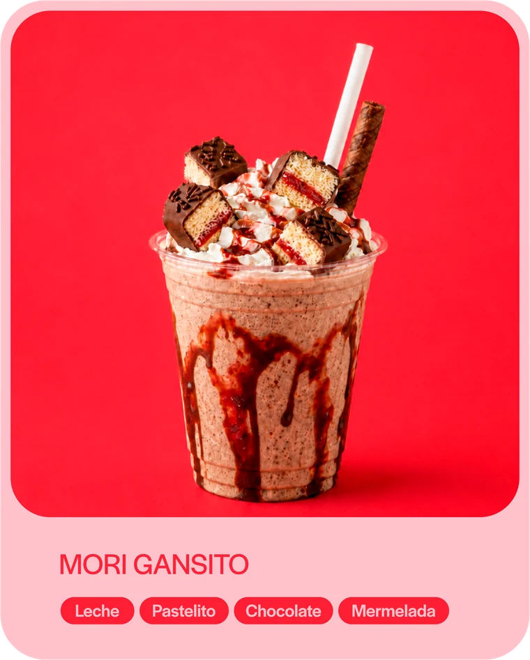 Mori Gansito: leche, pastelito, chocolate y mermelada